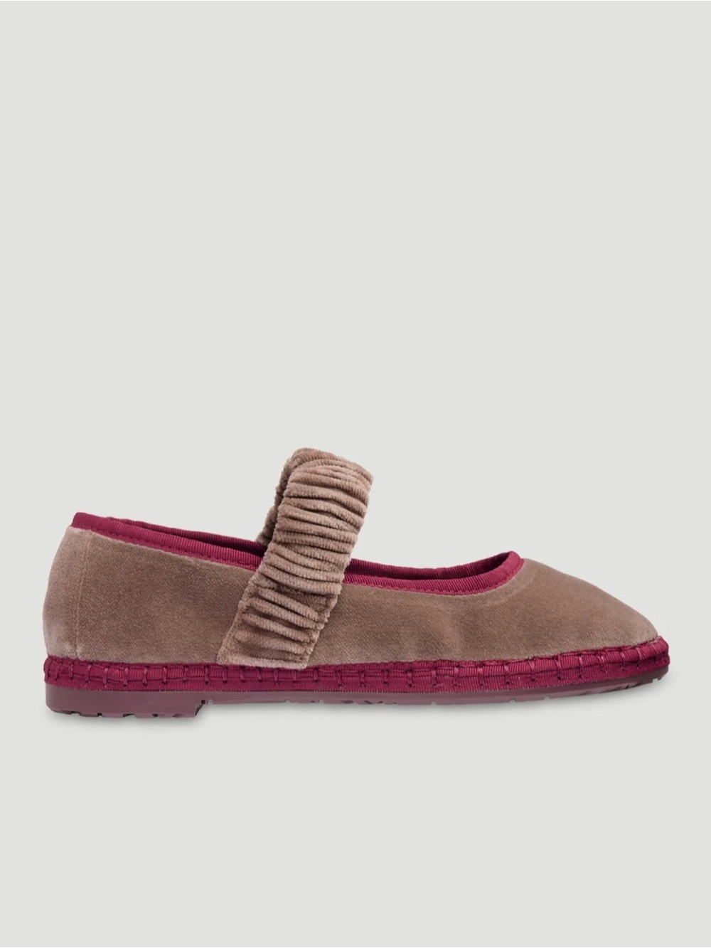 Suede Mary Jane Flat with Ruched Strap - Taupe with Burgundy Trim